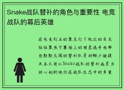 Snake战队替补的角色与重要性 电竞战队的幕后英雄