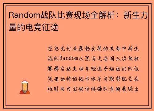 Random战队比赛现场全解析:新生力量的电竞征途