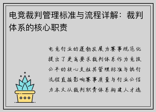 电竞裁判管理标准与流程详解:裁判体系的核心职责